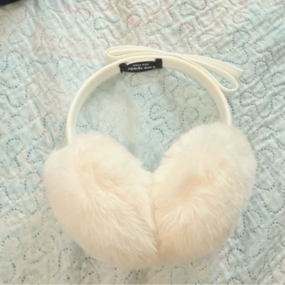 Kate Spade Shoelace Bow Ivory Faux Fur Earmuffs - Picture 3 of 8